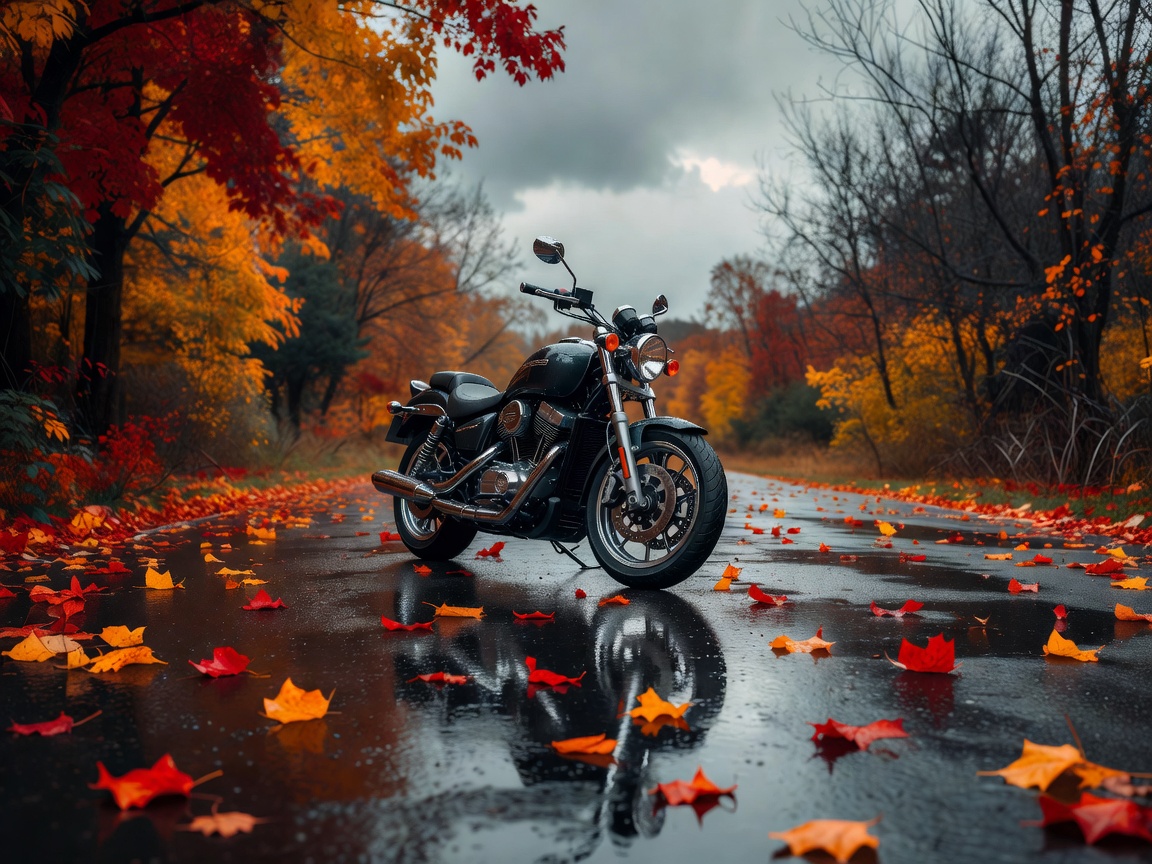 Motorrad auf feuchtem Asphalt im Herbst mit vereinzelten Blättern