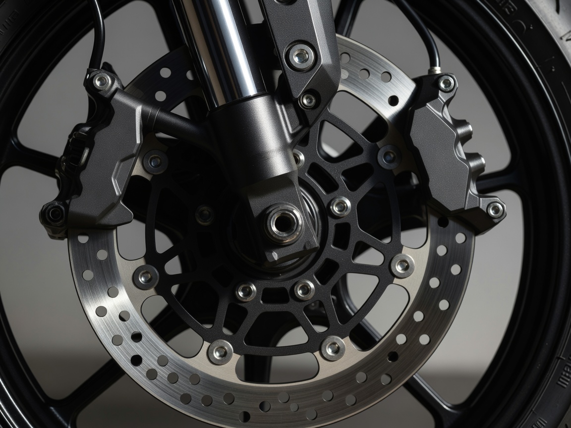 Nahaufnahme eines Motorrad-Vorderrads mit Bremsscheibe und Bremssattel in technischer Detailansicht