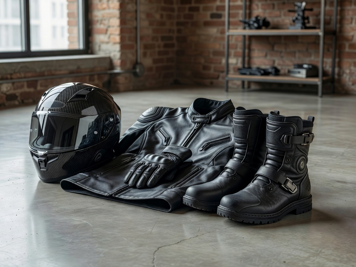 Moderne Motorradausrüstung bestehend aus Helm, Handschuhen, Jacke und Stiefeln in einer stilvollen Umgebung