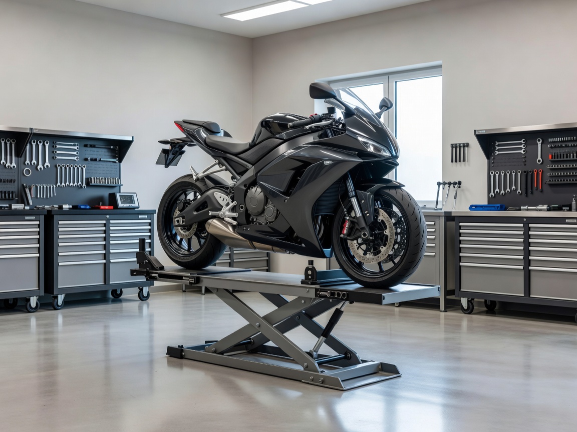 Motorrad auf einer modernen Hebebühne in einer sauberen Werkstattumgebung