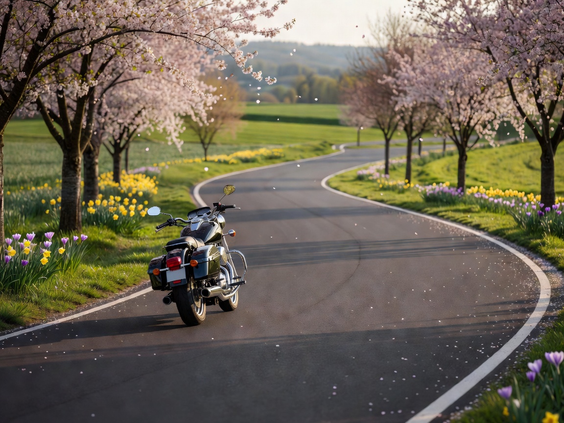 Motorrad auf einer sauberen Straße bei Frühlingswetter