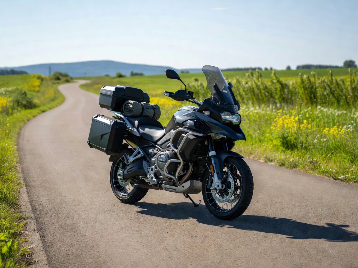 Tourenmotorrad geparkt bei sommerlichem Wetter