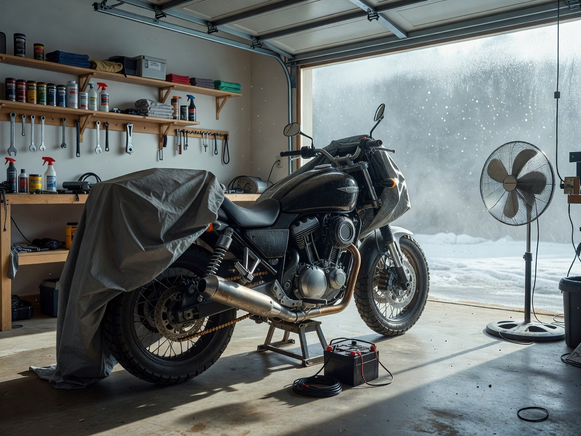 Ein für den Winter vorbereitetes Motorrad in einer gut belüfteten Garage