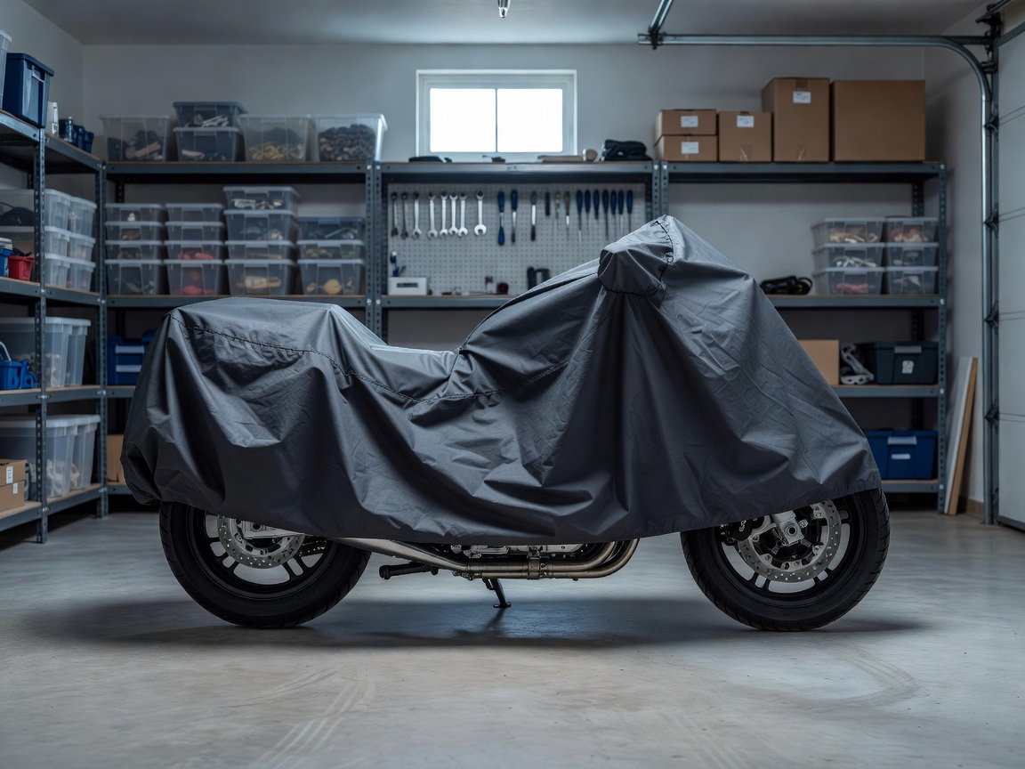 Motorrad im Winter, teils abgedeckt, in einer aufgeräumten Garage