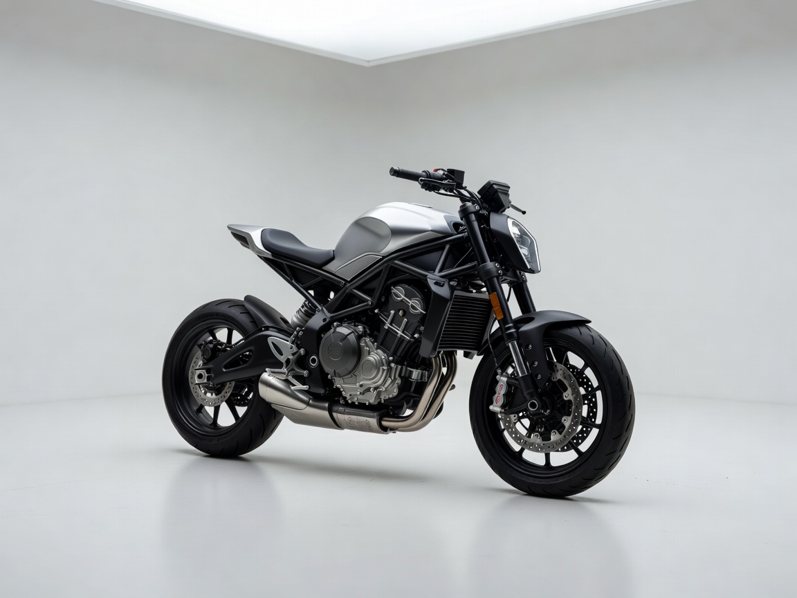 Unverkleidetes Naked Bike in einer sauberen Studioumgebung